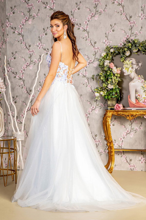 3-D Butterfly Sheer Corset Bodice A-line Mesh Long Dress